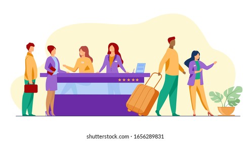 Friendly receptionists from hotel registration desk help client vector illustration. People waiting in queue for consultation. Concierge talking with traveler concept for presentation slides
