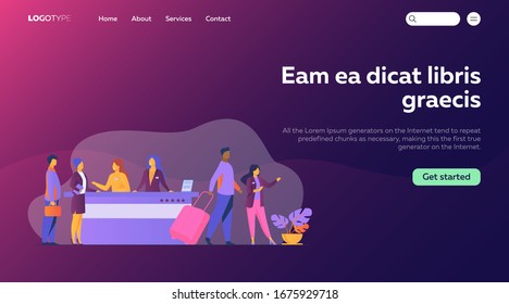 Friendly receptionists from hotel registration desk help client vector illustration. People waiting in queue for consultation. Concierge talking with traveler concept for presentation slides