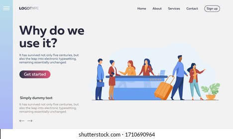Friendly receptionists from hotel registration desk help client vector illustration. People waiting in queue for consultation. Concierge talking with traveler concept for presentation slides