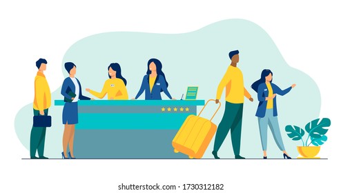 Friendly receptionists from hotel registration desk help client vector illustration. People waiting in queue for consultation. Concierge talking with traveler concept for presentation slides