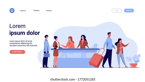 Friendly receptionists from hotel registration desk help client vector illustration. People waiting in queue for consultation. Concierge talking with traveler concept for presentation slides