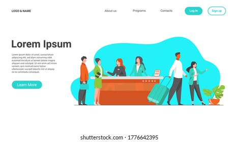 Friendly receptionists from hotel registration desk help client vector illustration. People waiting in queue for consultation. Concierge talking with traveler concept for presentation slides