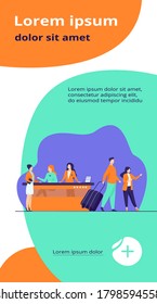 Friendly receptionists from hotel registration desk help client vector illustration. People waiting in queue for consultation. Concierge talking with traveler concept for presentation slides