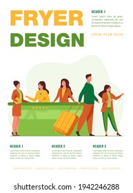 Friendly receptionists from hotel registration desk help client vector illustration. People waiting in queue for consultation. Concierge talking with traveler concept for presentation slides