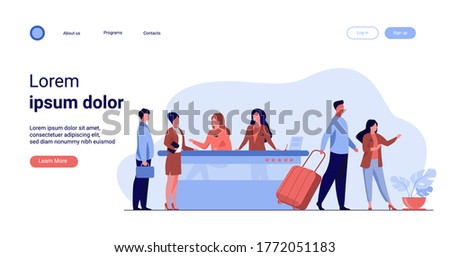 Friendly receptionists from hotel registration desk help client vector illustration. People waiting in queue for consultation. Concierge talking with traveler concept for presentation slides