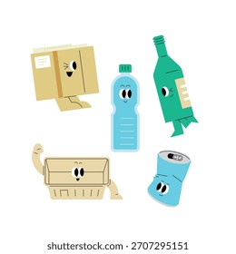 Friendly Recycling Characters Collection. Paper boxes, plastic bottles, glass bottles, packaging containers, cans.
