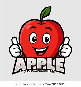 Mascota de manzana roja amistosa con los pulgares para arriba y expresión alegre