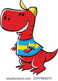 friendly red dinosaur with tshirt and baseball cap