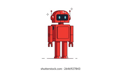 Friendly Red Robot Character with Antennas and Glowing Blue Eyes Standing Still
