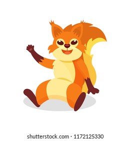 Friendly red squirrel sitting on the ground and waving paw. Forest rodent with bushy tail and tassels on ears. Flat vector design