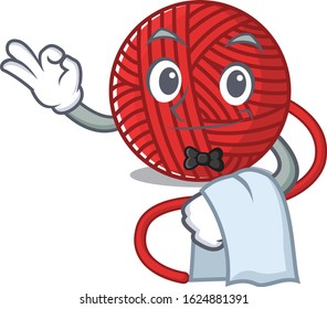 Friendly red wool yarn Character stand as a Waiter character