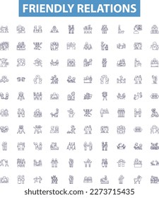 Friendly relations line icons, signs set. Amicable, Cordial, Chummy, Affable, Convivial, Favorable, Amiable, Harmonious, Compatible outline vector illustrations.