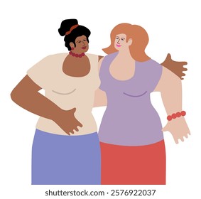 Friendly relations. Two girlfriends hug each other. Love between friends. Same-sex love. Flat style. Vector illustration.