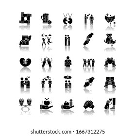 Friendly relationship drop shadow black glyph icons set. Friendship, interpersonal communication, emotional bond symbols. Best friends, buddies isolated vector illustrations on white space