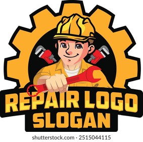 Friendly repair man mascot dressed as a plumber, complete with a wrench and plumber’s gear. This vector character features a confident, approachable expression, perfect for plumbing services