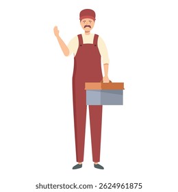 Friendly repairman holding toolbox waving hand greeting customer