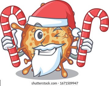 Friendly retro virus corona in Santa Cartoon character having candies