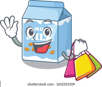 A friendly rich almond milk waving and holding Shopping bag