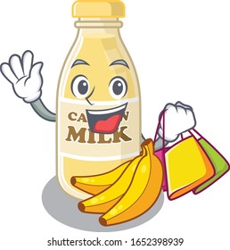 A friendly rich cashew milk waving and holding Shopping bag