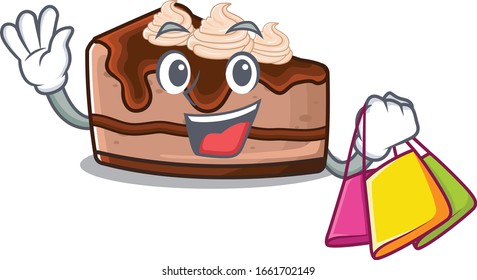 A friendly rich chocolate cheesecake waving and holding Shopping bag