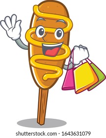A friendly rich corn dog waving and holding Shopping bag