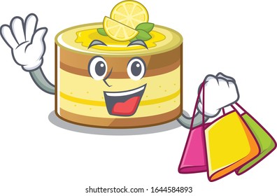 A friendly rich lemon cake waving and holding Shopping bag