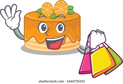 A friendly rich orange cake waving and holding Shopping bag