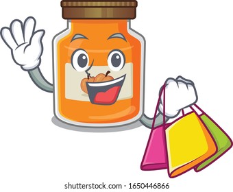 A friendly rich peach jam waving and holding Shopping bag