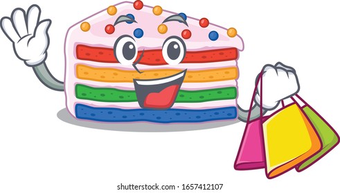 A friendly rich rainbow cake waving and holding Shopping bag