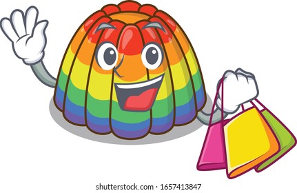 A friendly rich rainbow jelly waving and holding Shopping bag