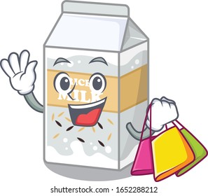 A friendly rich rice milk waving and holding Shopping bag