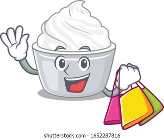 A friendly rich sour cream waving and holding Shopping bag