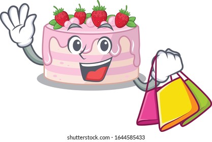 A friendly rich strawberry cake waving and holding Shopping bag