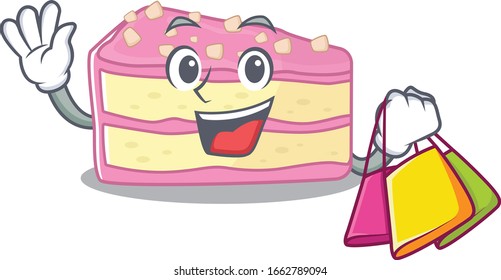 A friendly rich strawberry slice cake waving and holding Shopping bag