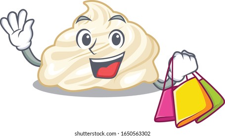 A friendly rich whipped cream waving and holding Shopping bag