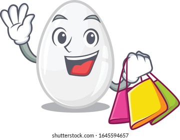 A friendly rich white egg waving and holding Shopping bag