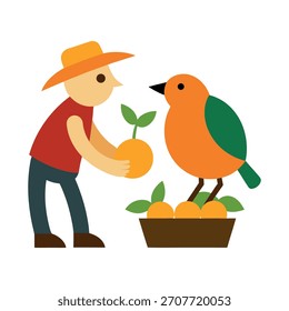 Un amigable agricultor robin cosechando naranjas 