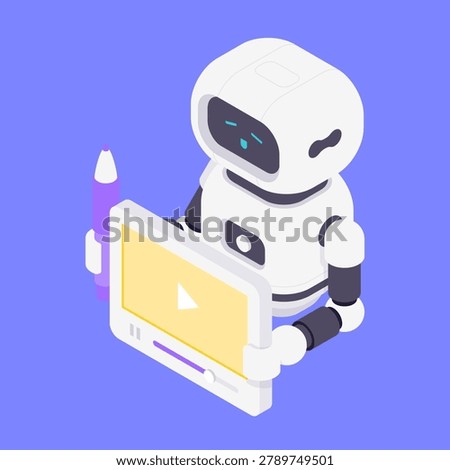 Friendly robot assistant holding video player with play button and pen for video generation. Artificial intelligence, technology, creation, media and production concept. Isometric vector illustration