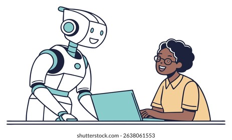 Friendly robot assisting a woman with curly hair at a laptop, showcasing collaboration between technology and human interaction in a modern workspace environment