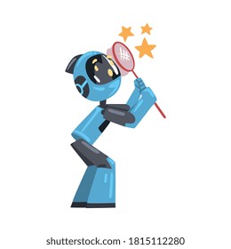 Friendly Robot Catching Stars with Net, Cute Personal Robotic Assistant Character, Artificial Intelligence Concept Cartoon Style Vector Illustration