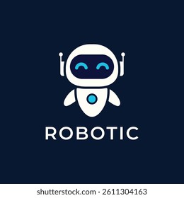 A friendly robot character logo with blue accents and a smiling face. Simple, minimalist design perfect for technology, robotics, AI, and futuristic brand identities.
