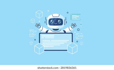 Friendly robot character programming behind a terminal screen surrounded by code blocks.