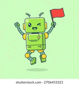 Friendly Robot Character Raising a Flag – Cute Flat Vector Artwork Great for Mascots, Apps, Games, and Creative Projects