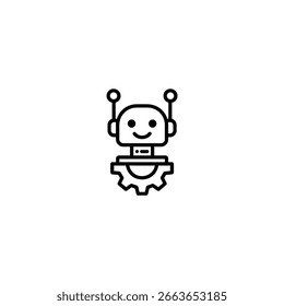 Um personagem robô amigável com uma antena de cabeça sorridente e uma engrenagem para um corpo representando tecnologia ou engenharia.