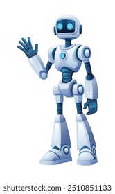 Personagem robô amigável acenando com a mão. Ilustração de desenho animado vetorial