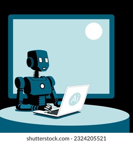 Robot haciendo trabajo de oficina. Robot sentado frente a un portátil.