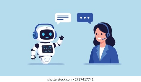 Un chatbot robot amigable hablando con una agente de centro de llamadas femenina. Concepto de inteligencia artificial en Asistencia al cliente y comunicación.