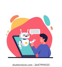 Friendly robot chatting with a smiling man through a smartphone screen. Concept of AI assistant, chatbot interaction, or virtual communication in flat vector style