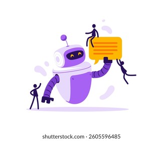 Friendly robot communicating with stick people figures on white background. Abstract characters AI concept flat vector illustration. Digital assistance technology development color composition