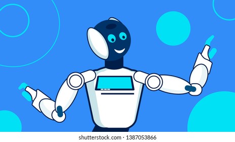 Friendly Robot, Cyborg Flat Vector Illustration. Humanoid Conductor, Orchestra Director Isolated Character. Cartoon Chatbot Waving Hands. Artificial Intelligence in Cultural, Artistic Life